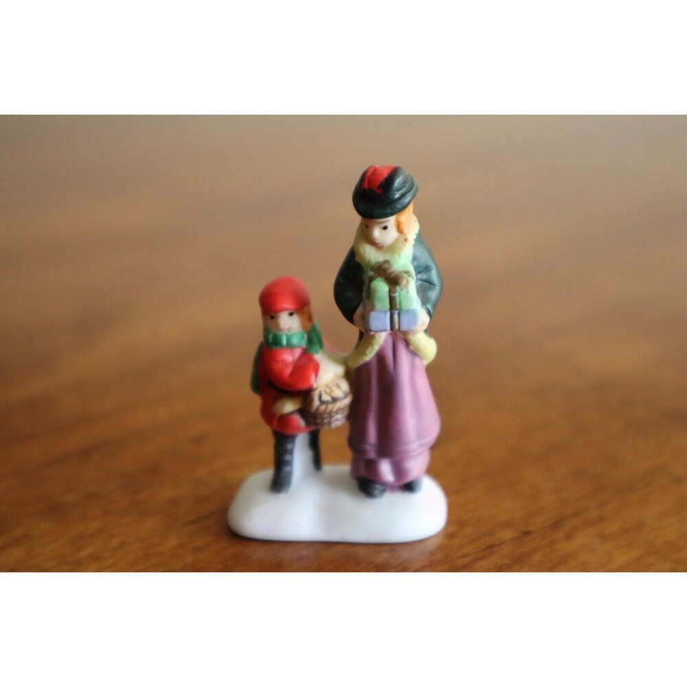 Christmas Village Figurine Child Boy Mother Nanny Woman Present Bread Basket 2" - Picture 2 of 8